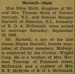 Marriage Notice for 
        Samuel Morgan HARTZELL to Edna Muth, 19 Sep 1942
