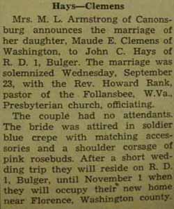 Marriage Notice for John C. HAYS to Maude E. Clemens, 23 Sep 1942