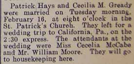 Marriage Notice for Patrick HAYS to Cecilia M. GREADY, Tues., Feb. 16, 1915