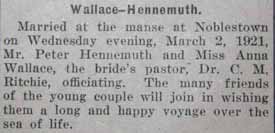 Marriage Notice for Peter HENNEMUTH to Anna Wallace, 2 Mar 1921