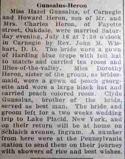Marriage Notice for Howard HERON to Hazel Gunsalus, 16 Jul 1927