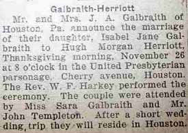 Marriage Notice for Hugh Morgan HERRIOTT to Isabel Jane Galbraith, 26 Nov 1925