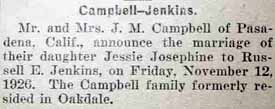 Marriage Notice for Russell E. JENKINS to Jessie Josephine Campbell, 12 Nov 1926
