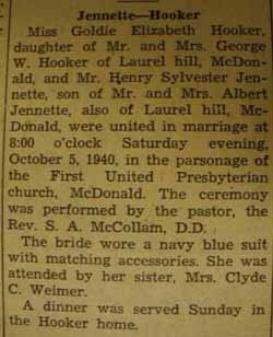 Marriage Notice for Henry Sylvester JENNETTE to Goldie Elizabeth Hooker, 5 Oct 1940