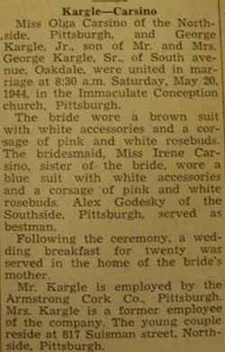 Marriage notice for 
George KARGLE, Jr. to Olga Carsino, 20 May 1944