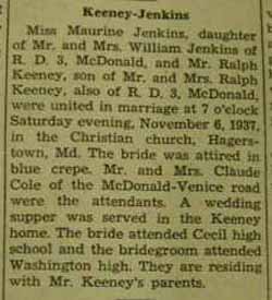 Marriage notice for 
Ralph KEENEY to Maurine Jenkins, 6 Nov 1937