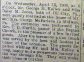 Marriage Notice for George H. KELLEY to Daisy M. Jones, 15 Apr 1908