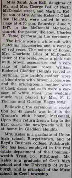Marriage Notice for Mark L. KELSO to Sarah Ann Ball, 7 Jun 1947