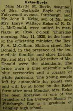 Marriage notice for 
John R. KELSO to Myrtle M. Boyle, 11 May 1938