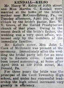 Article 1 Marriage Notice for Harry W. KELSO to Martha G. Kendall, 5 Apr 1921