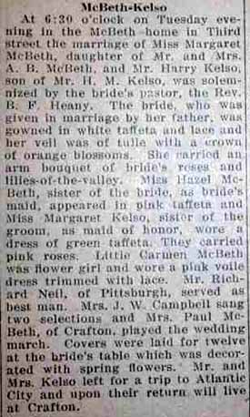 Marriage Notice for Harry KELSO to Margaret McBeth, no date, in 6-30-1927 paper
