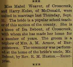 Marriage Notice for Harry KELSO to Mabel Weaver, 21 Sep 1905