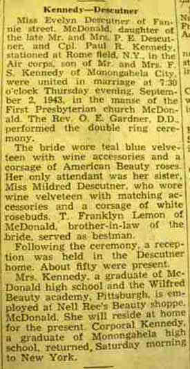 Marriage Notice for Paul R. KENNEDY to Evelyn Descutner, 2 Sep 1943