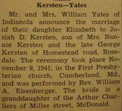 Marriage Notice for Josiah D. KERSTEN to Elizabeth Yates, 9 Nov 1941