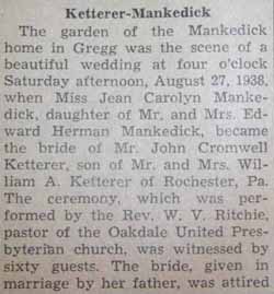 Part 1 Marriage Notice for John Cromwell KETTERER to Jean Carolyn Mankedick, 27 Aug 1938