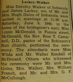 Marriage Notice for James LACKEY to Dorothy Walker, 8 Jun 1940