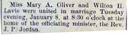 Marriage Notice for Wilton H. LAVIE to Mary A. Oliver, Tues., Jan. 8, 1913