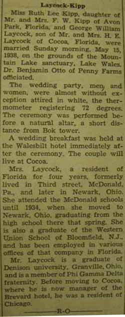 Marriage Notice for George William LAYCOCK to Ruth Lee Kipp, 15 May 1938