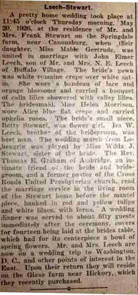 Marriage Notice for John Elmer LEECH to Mable Gertrude Stewart, 20 May 1926