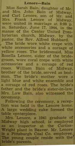 Marriage Notice for 
        Carl LENORE to Sarah Bain, 17 Jun 1944