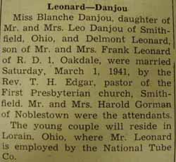 Marriage Notice for 
Delmont LEONARD to Blanche Danjou, 1 Mar 1941