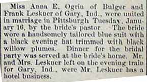 Marriage Notice for Frank LESKNER and Anna E. OGRIN, Tues., Jan. 16, 1912