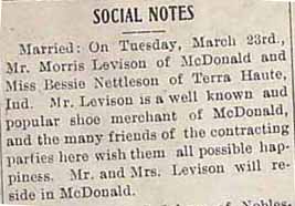 Article 1 Marriage Notice for Morris LEVISON to Bessie NETTLESON (Natelson?), Tues., March 23, 1909 