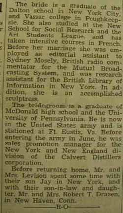 Part 2 Marriage Notice for 
Alan LEVISON to Elaine Marjorie Osterweil, 23 Oct 1943