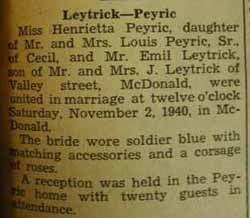 Marriage Notice for 
        Emil LEYTRICK to Henrietta Peyric, 2 Nov 1940