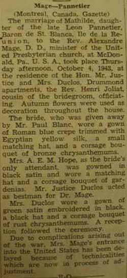 Marriage Notice for Alexandre MAGE to Mathilde Pannetier, 4 Oct 1943