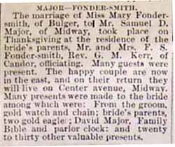 Marriage Notice for Samuel D. MAJOR to Mary Fonder-Smith, Thanksgiving Day (Nov. 30th), 1893