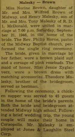 Marriage Notice for Henry MALESKY to Norine Brown, 21 Sep 1946
