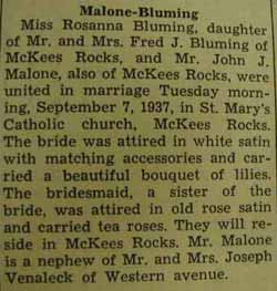 Marriage notice for <b></b>
Robert MALONE to Josephine Patterson, 7 Sep 1926