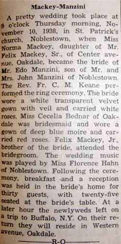 Marriage Notice for Edo MANZINI to Norma Mackey, 10 Nov 1938