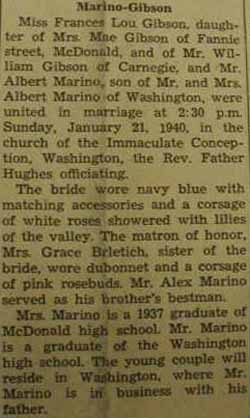 Wedding notice for 
        <b></b>
Albert MARINO to Frances Lou Gibson, 21 Jan 1940