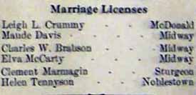 LICENSE notice for Clement MARMAGIN to Helen Tennyson in 11-27-1914 newspaper - license - see Helen 
THOMPSON