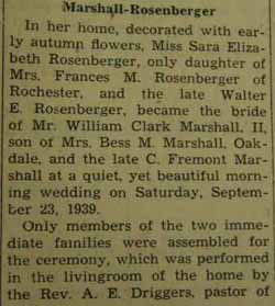 Part 1 Marriage Notice
William Clark MARSHALL, II to Sara Elizabeth Rosenberger, 23 Sept 1939