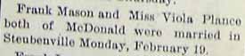 Marriage Notice for Frank MASON to Viola PLANCE, Mon., Feb. 19, 1906