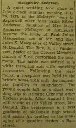 Marriage Notice for Paul Julian MASQUELIER to Sallie Hildar Anderson, 26 Jul 1937