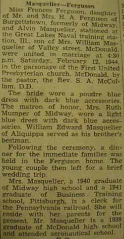 Marriage notice for 
Alvin MASQUELIER to Frances Ferguson, 12 Feb 1944
