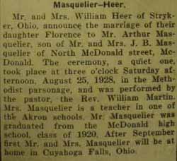 Marriage notice for 
Arthur MASQUELIER to Florence Heer, 25 Aug 1928