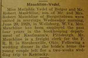 Marriage notice for 
Robert MAUCHLINE to Mathilda Vedel, 20 Jun 1928