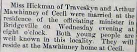 Marriage Notice for Arthur MAWHINNEY to Miss ___ HICKMAN, Weds., Feb. (no date), 1910