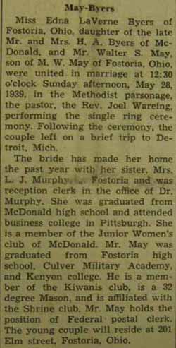 Marriage Notice for Walter S. MAY to Edna LaVerne Byers, 28 May 1939