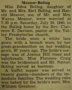 Marriage notice for 
Harold MEANOR to Edna Boling, 20 July 1940