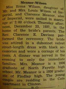 Marriage Notice for Clarence MEANOR 
        to Erma Wilson, Dec. 23, 1937