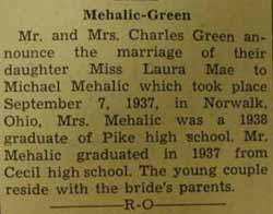 Marriage notice for 
Michael MEHALIC to Laura Mae Green, 7 Sep 1937