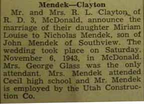 Marriage notice for 
Nicholas MENDEK to Miriam Louise Clayton, 6 Nov 1943