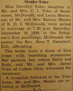 Marriage notice for 
Louis MENKE to Dorothy Yoho, 16 Dec 1939