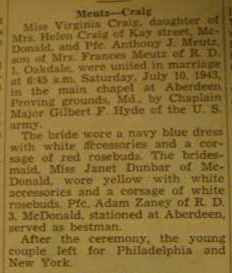 Marriage notice for 
Anthony J. MEUTZ to Virginia Craig, 10 Jul 1943